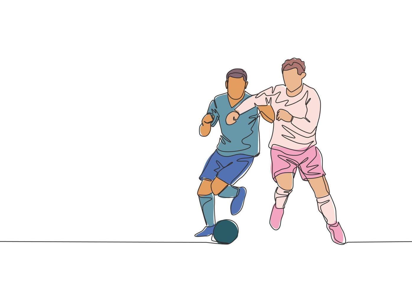 solteiro contínuo linha desenhando do jovem enérgico futebol jogador cotovelo oponente jogador enquanto brigando para a bola. futebol Combine Esportes conceito. 1 linha desenhar Projeto vetor ilustração