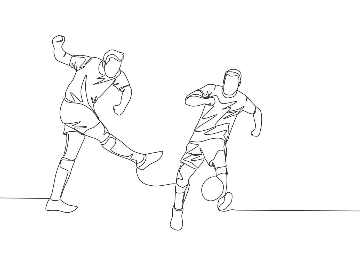 1 contínuo linha desenhando do jovem futebol atacante tiroteio a bola e a defensor bloqueio a bola. futebol Combine Esportes conceito. solteiro linha desenhar Projeto vetor ilustração