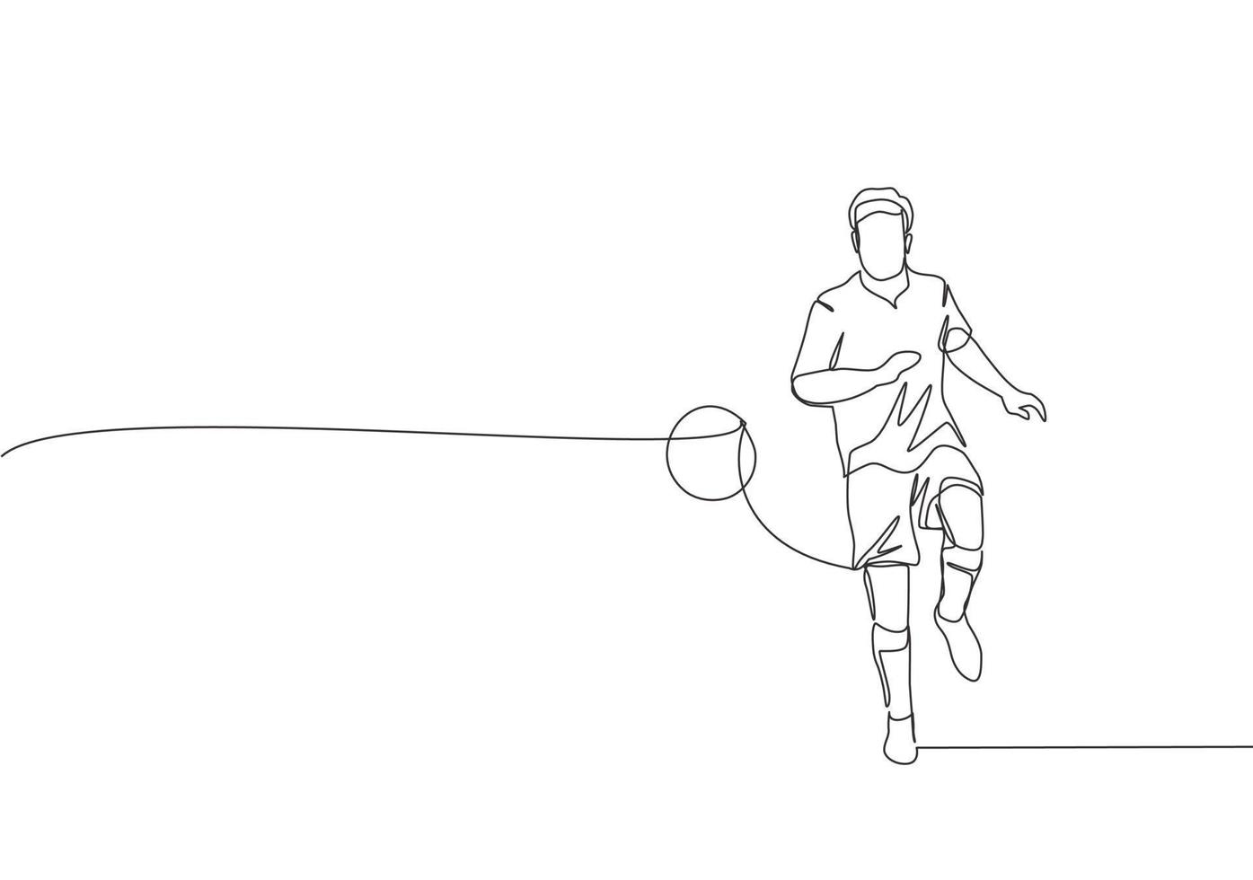 1 solteiro linha desenhando do jovem feliz futebol jogador com curto manga calmamente controlando a bola passado para ele. futebol Combine Esportes conceito. contínuo linha desenhar Projeto vetor ilustração