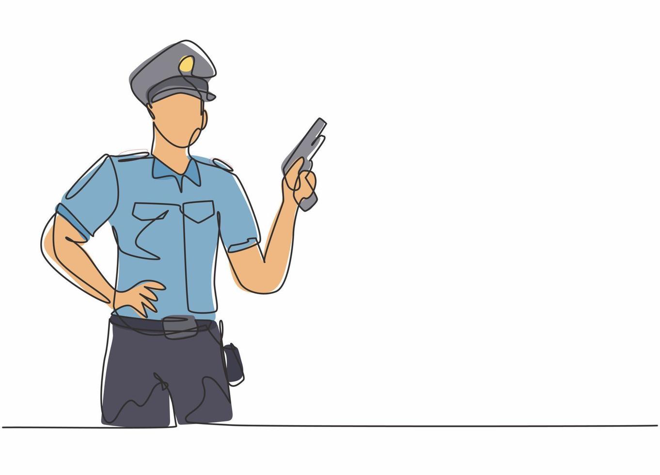 contínuo um desenho de linha de jovem policial vestindo uniforme e segurando uma arma revólver de mão. conceito minimalista de profissão de trabalho profissional. ilustração gráfica de vetor de desenho de linha única