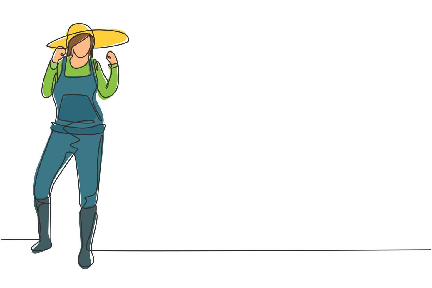 contínua uma linha desenho de uma agricultora em pé com o gesto de comemorar, usando chapéu de palha e uniforme de fazenda para plantar em terras agrícolas. trabalho de sucesso. ilustração gráfica de vetor de desenho de linha única