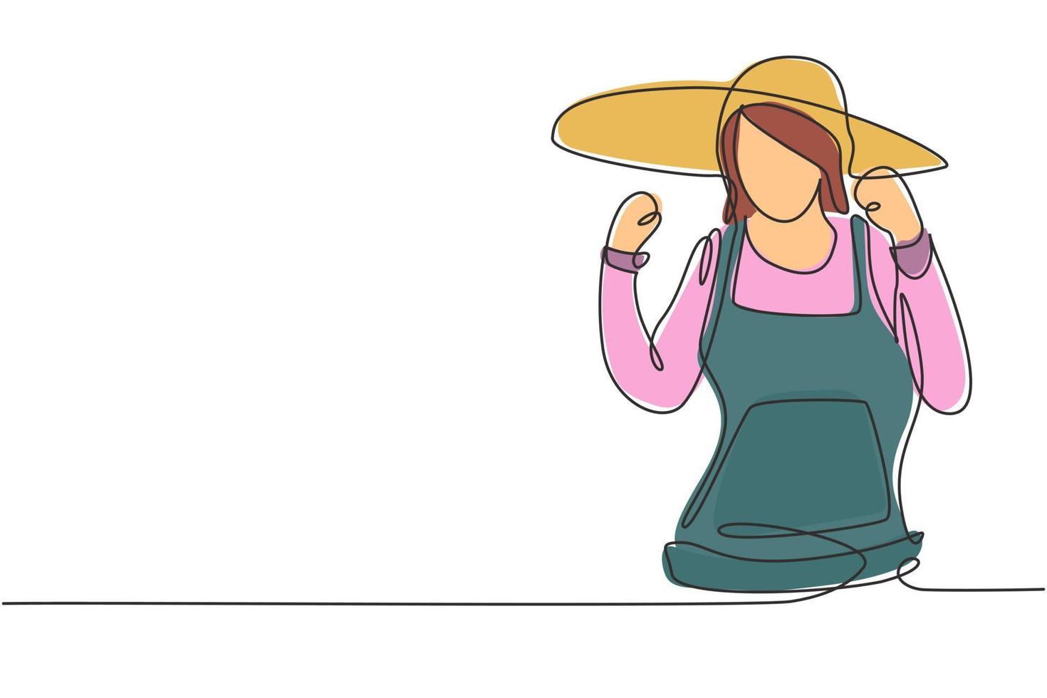 contínuo um desenho de linha agricultora com celebrar o gesto usando chapéu de palha e uniforme da fazenda para trabalhar na fazenda. conceito de negócio de sucesso. ilustração gráfica de vetor de desenho de linha única