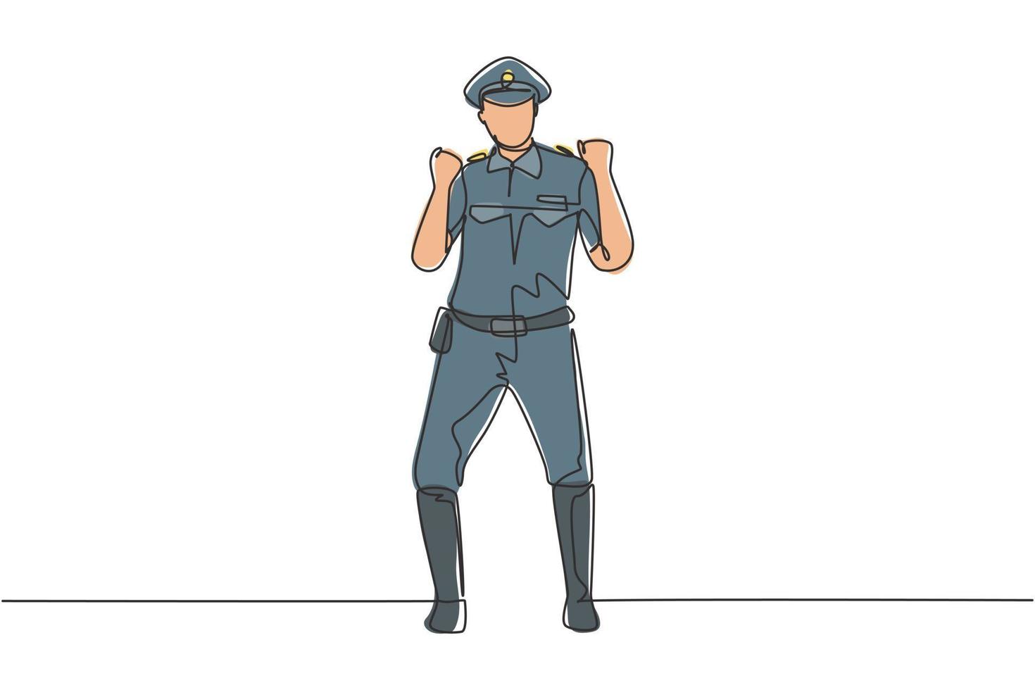 policial de desenho de linha único com gesto de comemoração e uniforme completo controla o tráfego de veículos na rodovia. patrulha em espera. linha contínua moderna desenhar design gráfico ilustração vetorial vetor