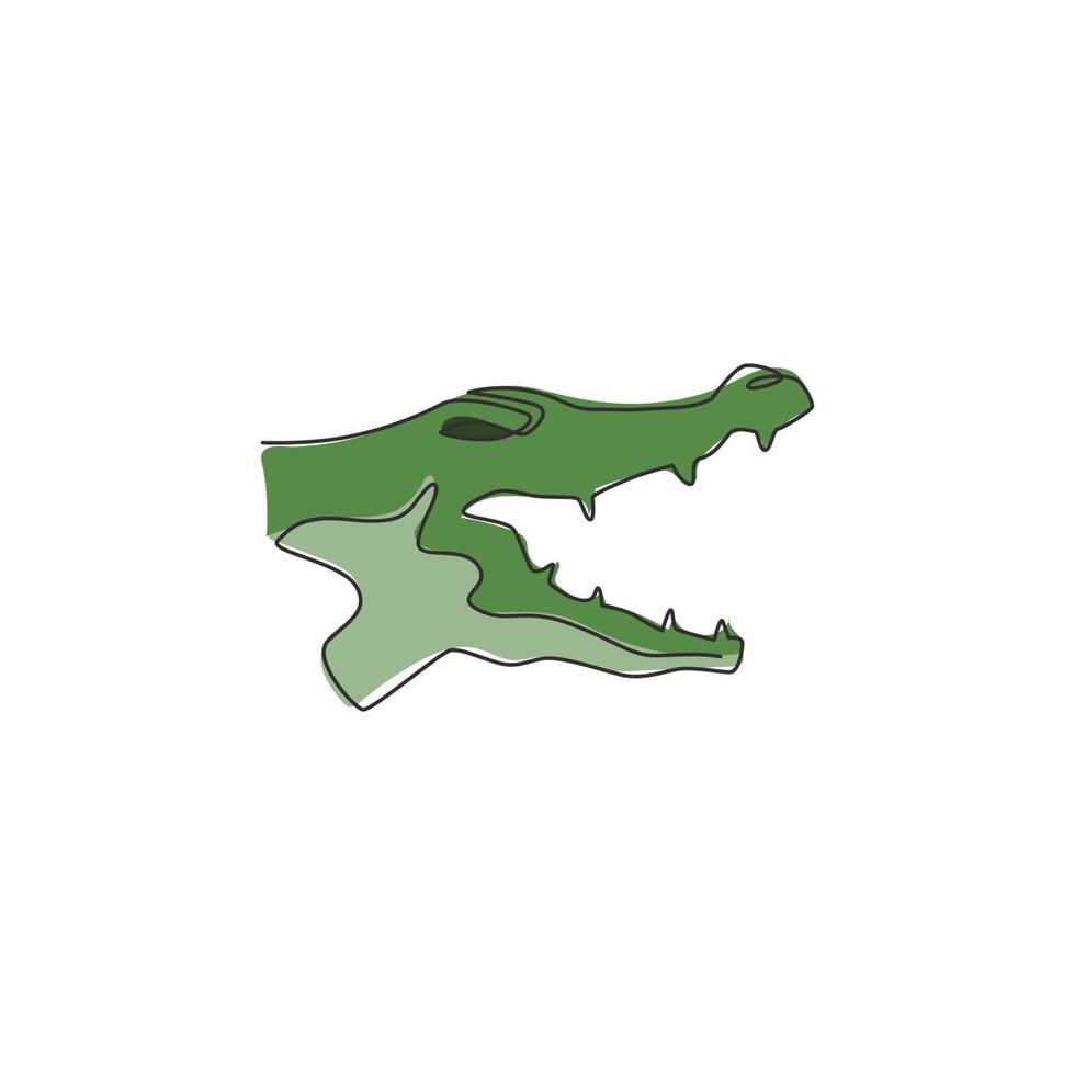 um desenho de linha contínua de crocodilo selvagem de cabeça zangada para a identidade do logotipo da empresa. conceito de crocodilo animal assustador para o ícone do parque nacional. ilustração em vetor gráfico moderno desenho de linha única
