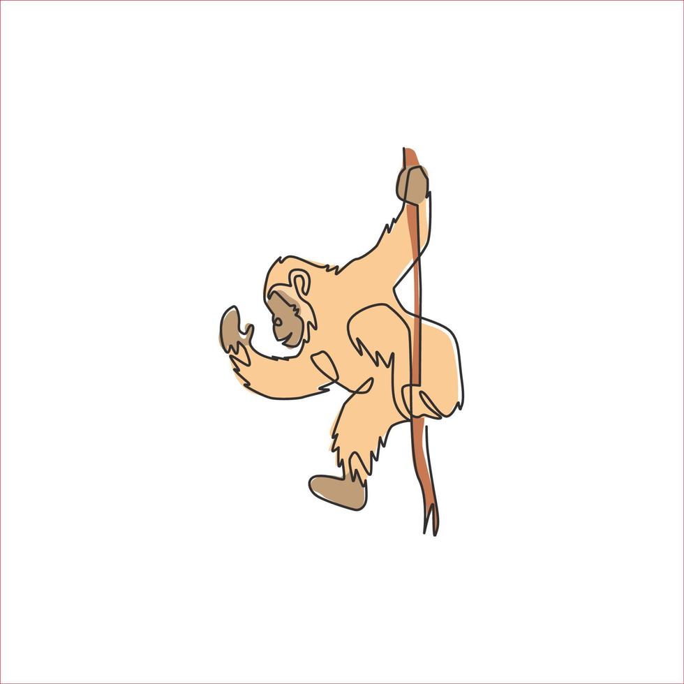 um desenho de linha contínuo de um chimpanzé fofo pendurado em um galho de árvore para a identidade do logotipo da selva de conservação. conceito de mascote adorável para o ícone do parque nacional. ilustração em vetor desenho desenho de linha única