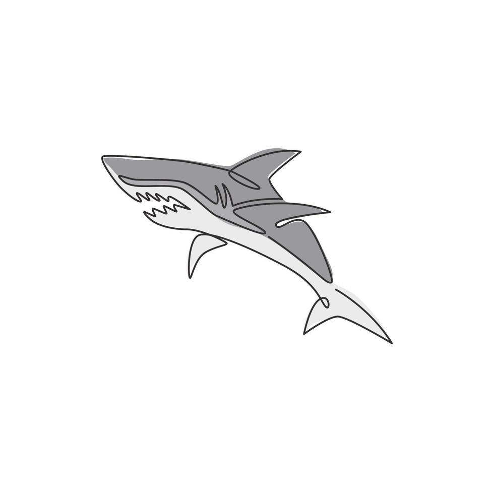desenho de linha única contínua de tubarão agressivo para a identidade do logotipo da empresa de aventura na natureza. conceito de animais selvagens peixes do mar para mascote da organização do oceano seguro. ilustração de desenho de desenho de uma linha vetor