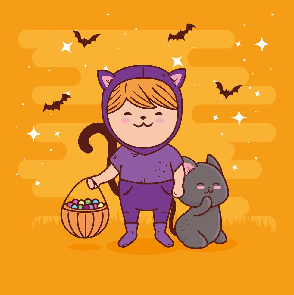 linda garota em uma fantasia de gato com um gato preto para o halloween vetor