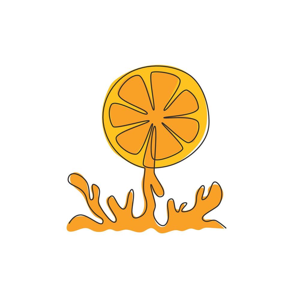 desenho de linha única de laranja orgânica saudável fatiada para identidade do logotipo do pomar. conceito de frutas frescas de verão espirrado para ícone de bebida de frutas. ilustração em vetor desenho moderno linha contínua