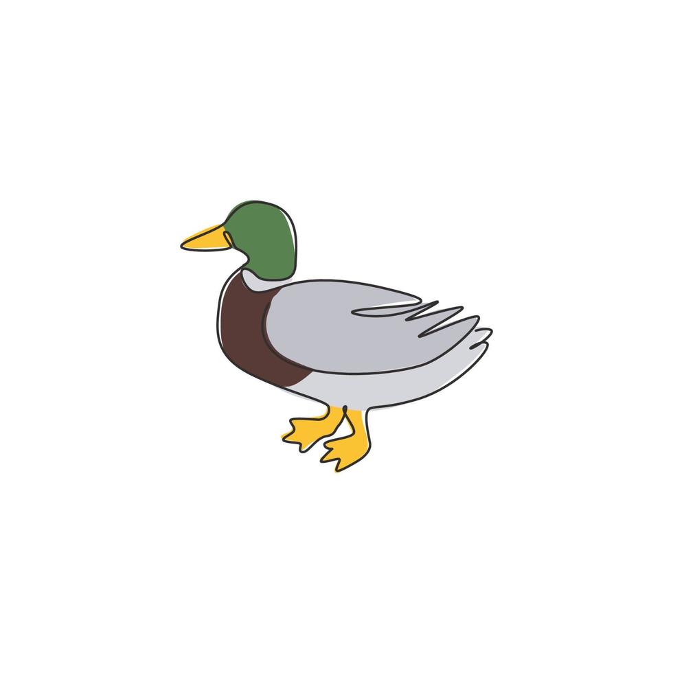 desenho de linha única contínua de pato bonito para a identidade do logotipo da fazenda. conceito de mascote de pato aquático para ícone de gado animal. ilustração gráfica de vetor moderno desenho de uma linha