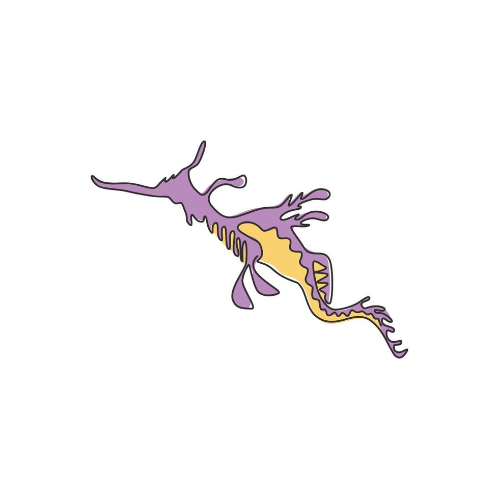 um desenho de linha contínuo de um dragão-marinho-frondoso fofo para a identidade do logotipo aquático. conceito de mascote animal de camuflagem para o ícone de show do mundo do mar. ilustração vetorial moderna de desenho gráfico de linha única vetor