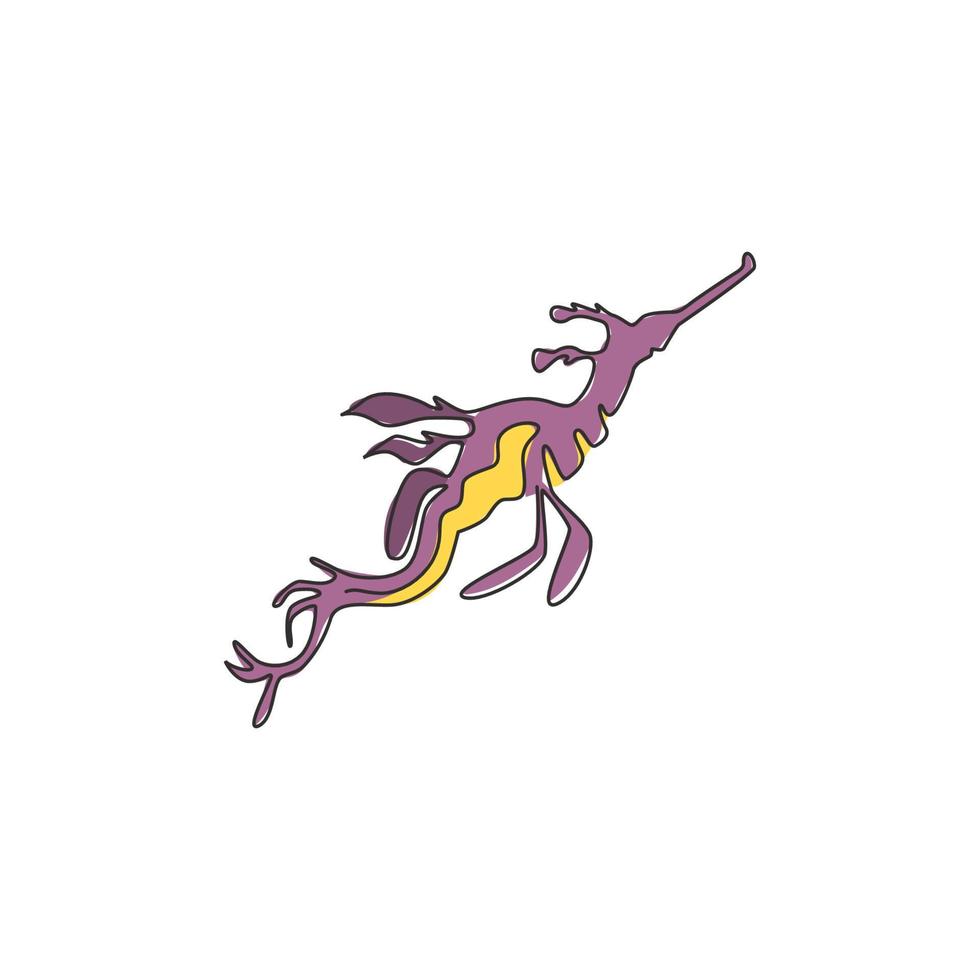 um único desenho de linha de um belo dragão marinho frondoso para a identidade do logotipo da empresa. conceito do mascote do monstro do mar para o ícone do show do tanque do aquário. ilustração em vetor design gráfico moderno linha contínua