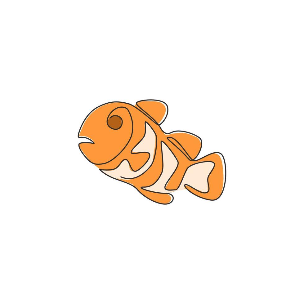 um único desenho de linha de bonito peixe-palhaço para a identidade do logotipo aquático. conceito de mascote de peixe anêmona despojado para ícone do mundo do mar. ilustração em vetor desenho moderno linha contínua