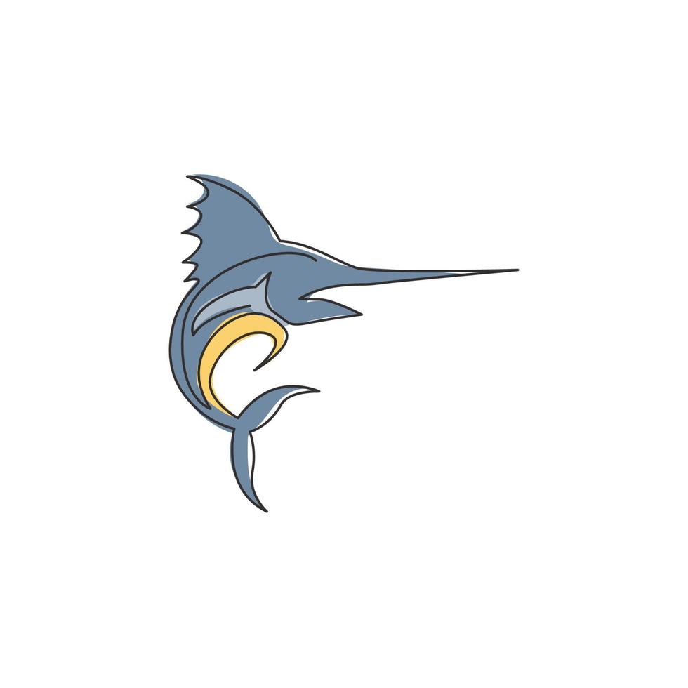 desenho de linha única contínua de grande marlin para a identidade do logotipo da empresa marinha. pulando o conceito do mascote do peixe-espada para o ícone do torneio de pesca. ilustração em vetor desenho gráfico de uma linha