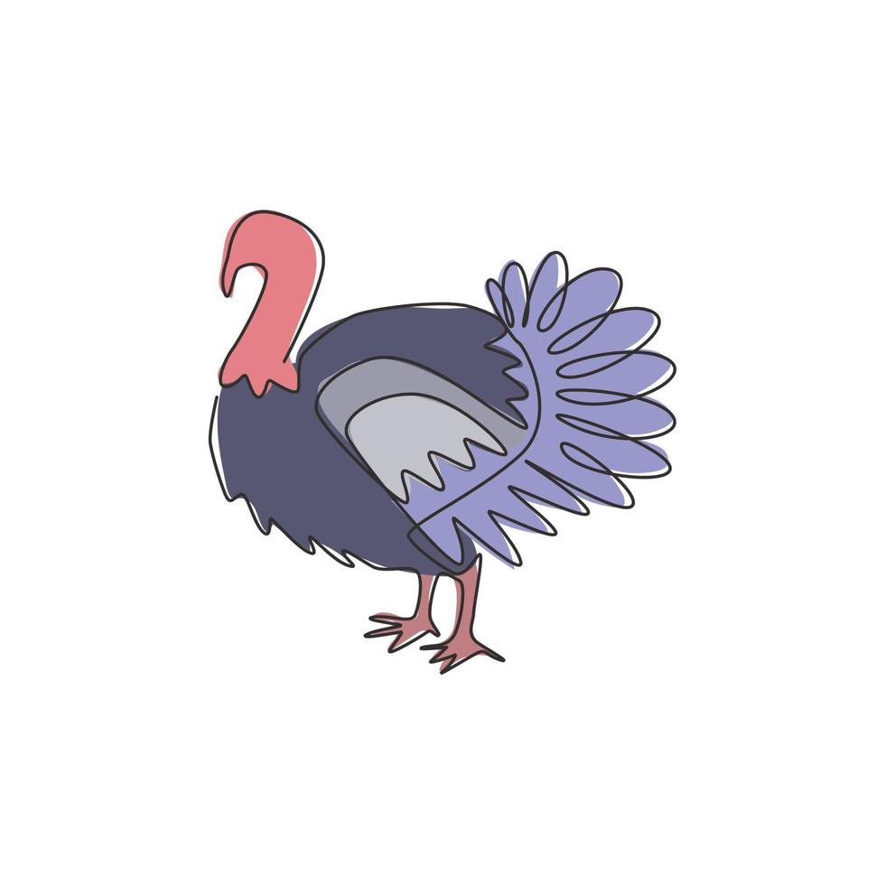 um único desenho de linha da identidade do logotipo do peru grande para aves. conceito de mascote de pássaro de galinha para ícone de agricultura. ilustração gráfica do vetor moderno desenho linha contínua
