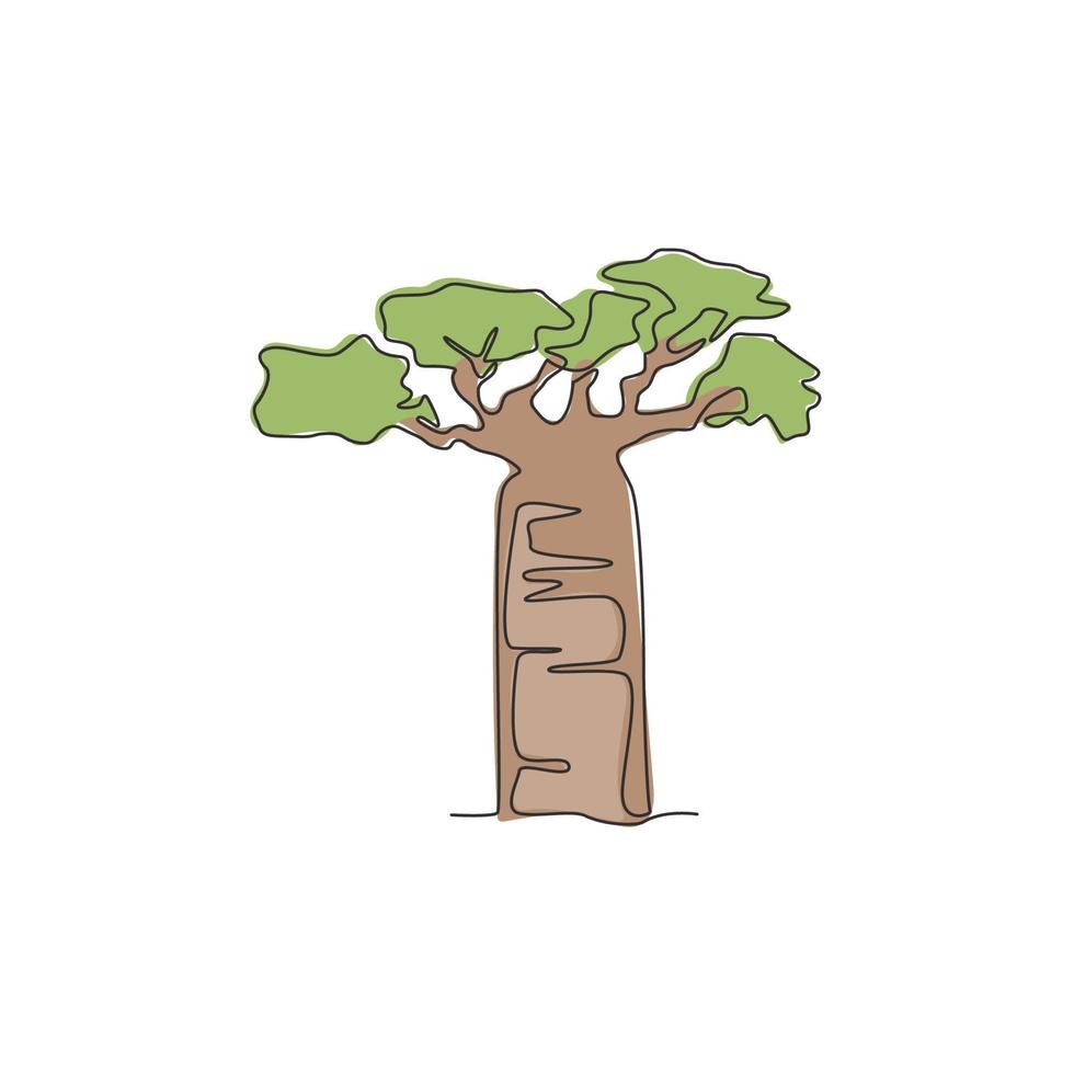 desenho único de uma linha de bela e exótica árvore baobá. decorativo gigante adansonia digitata para cartão postal de saudação. turismo e conceito de viagens. ilustração em vetor desenho moderno linha contínua