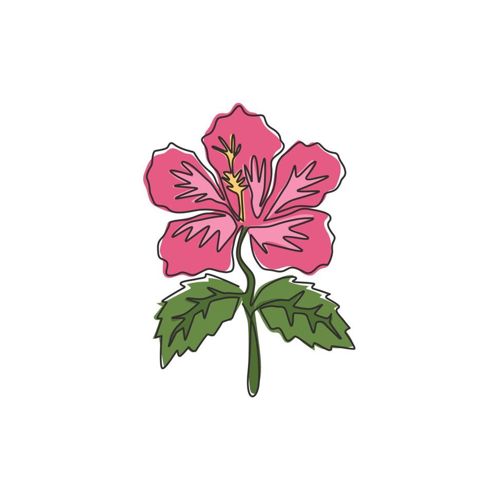 um único desenho de linha de hibisco fresco de beleza para logotipo de jardim. conceito de flor de malva rosa decorativo para cartaz de decoração de parede para casa. linha contínua moderna desenhar ilustração vetorial de design gráfico vetor