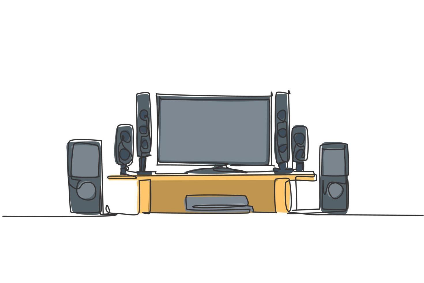 um desenho de linha contínua de entretenimento doméstico de cinema em casa de luxo. conceito do modelo do dispositivo da mobília da sala de estar da eletricidade. ilustração do gráfico vetorial moderna de desenho de linha única vetor