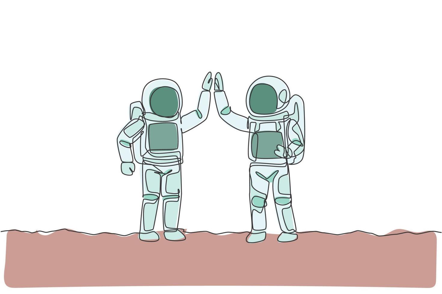 um desenho de linha contínua de dois jovens astronautas felizes dando mais cinco gestos para celebrar o trabalho em equipe na superfície da lua. conceito de astronauta. ilustração gráfica de vetor de desenho de linha única dinâmica