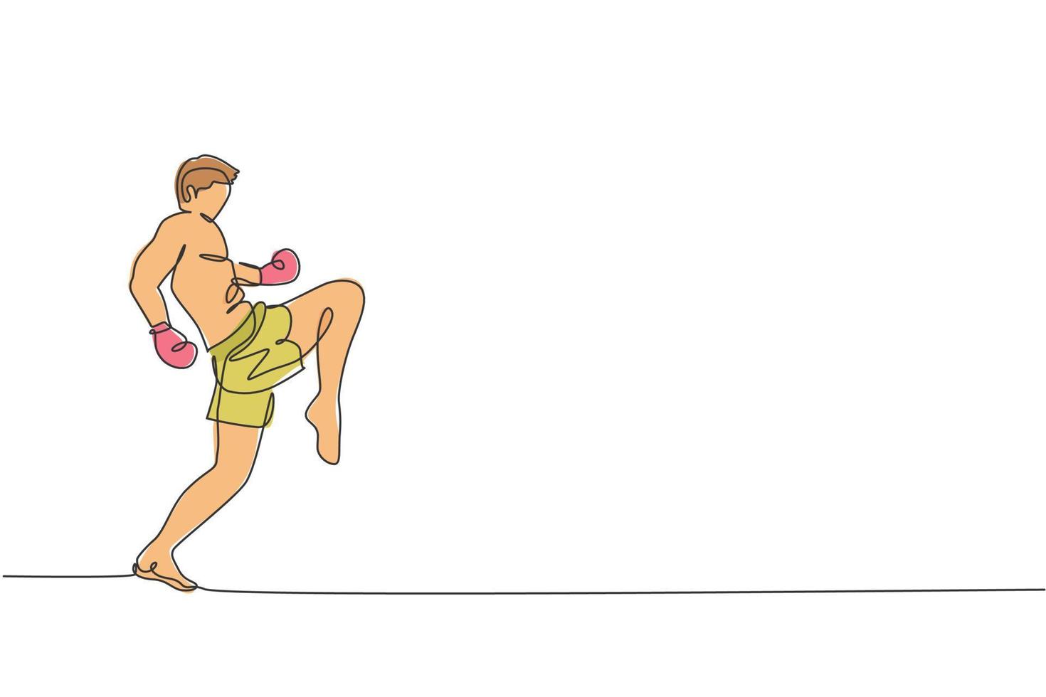 um desenho de linha contínua do jovem boxeador muay thai esportivo se preparando para lutar, chute de postura na arena de caixa. conceito de jogo de esporte de luta. gráfico de ilustração vetorial design de desenho de linha única dinâmica vetor
