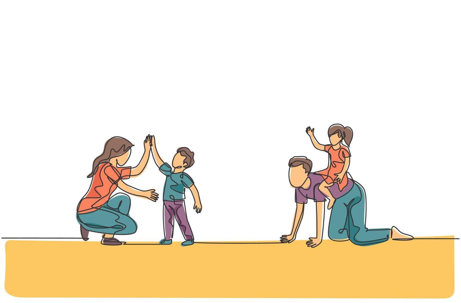 desenho de linha única contínua de jovem mãe e pai brincando com seus filhos em casa, dando mais cinco. conceito de parentalidade de família feliz. ilustração em vetor desenho desenho de uma linha na moda