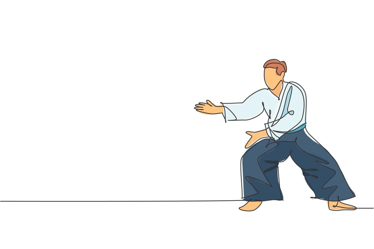um desenho de linha contínua de um jovem lutador de aikido praticando postura de combate no centro de treinamento do dojo. conceito de esporte combativo de arte marcial. ilustração em vetor desenho dinâmico de desenho de linha única