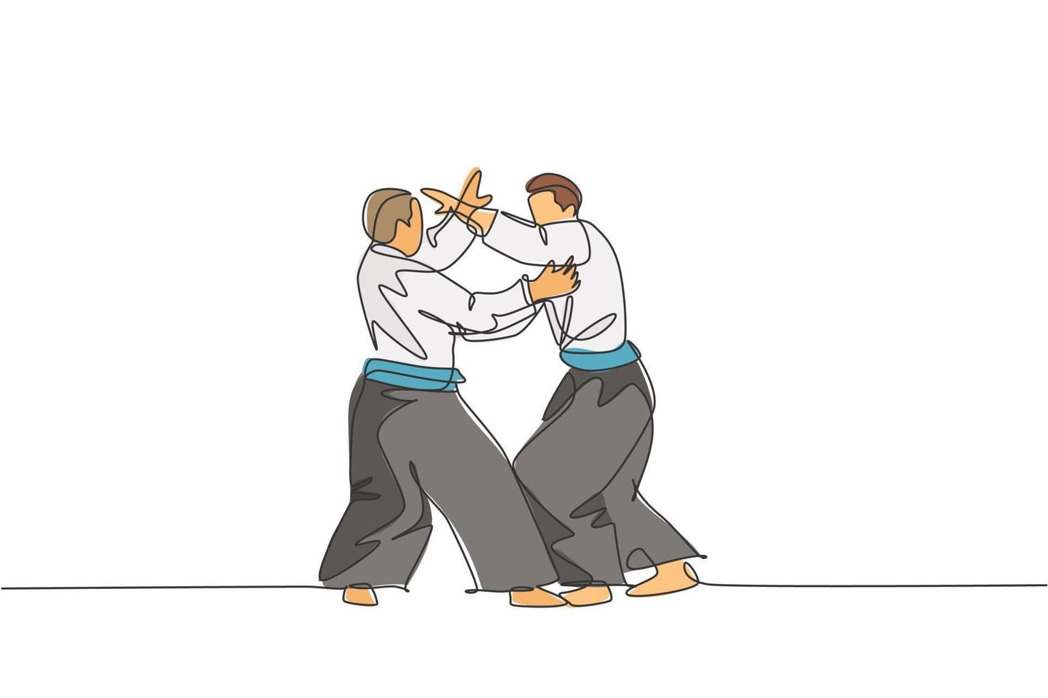 um único desenho de linha de dois jovens enérgicos vestindo quimono exercem a técnica de luta de aikido em ilustração vetorial de salão de esporte. conceito de esporte de estilo de vida saudável. design moderno de desenho de linha contínua vetor