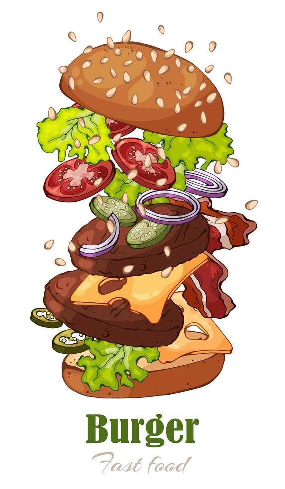 ilustrações sobre o hambúrguer temático de fast food vetor