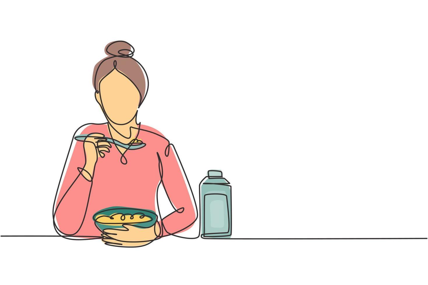 único desenho de linha jovem mulher comendo cereal com leite e colher. Desfrute do café da manhã em casa. conceito de comida deliciosa e saudável. ilustração em vetor gráfico design moderno linha contínua
