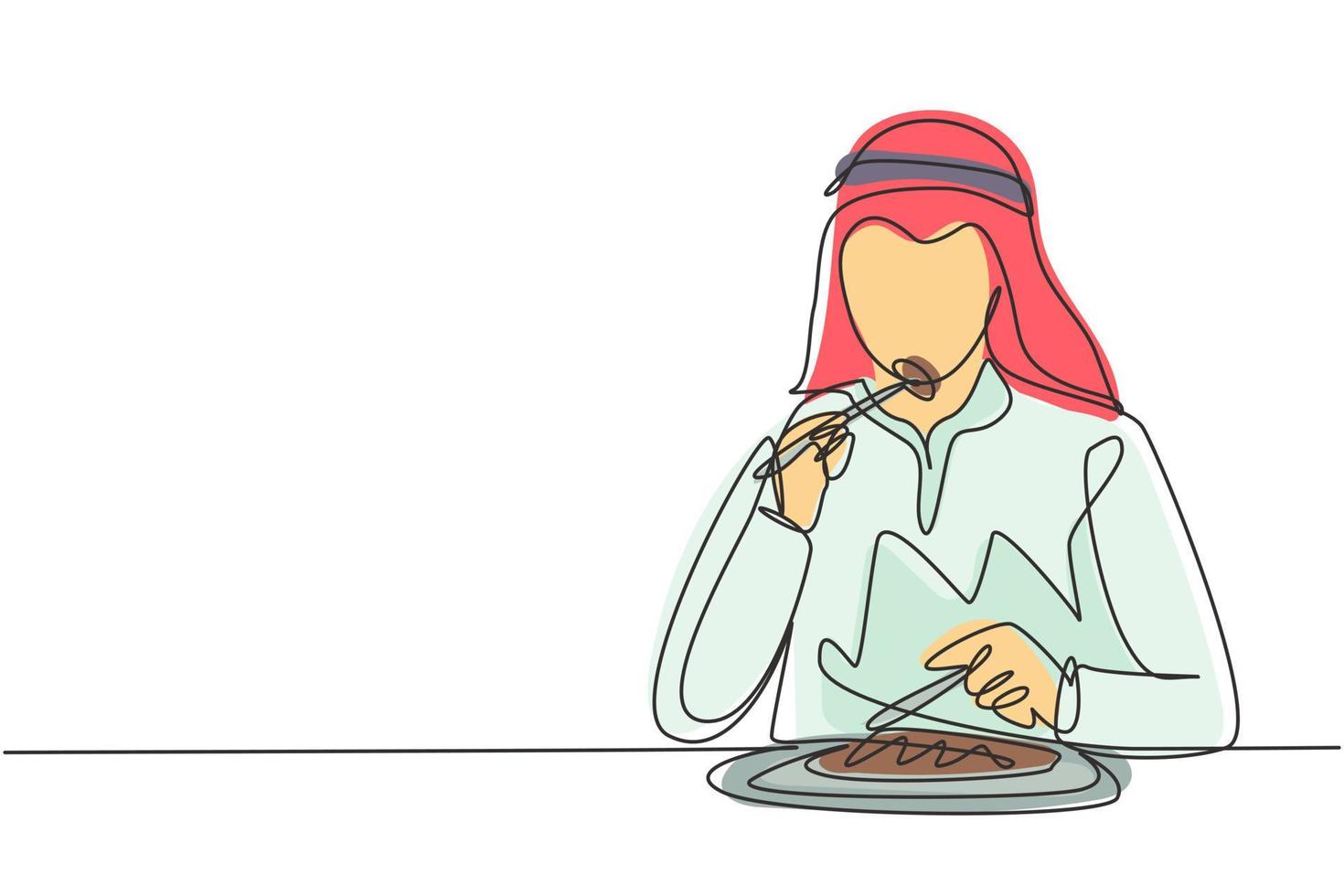 contínua uma linha de desenho jovem árabe comendo bifes refeição com garfo e faca ao redor da mesa. Desfrute de um almoço no restaurante. comida deliciosa e saborosa. ilustração gráfica de vetor de desenho de linha única