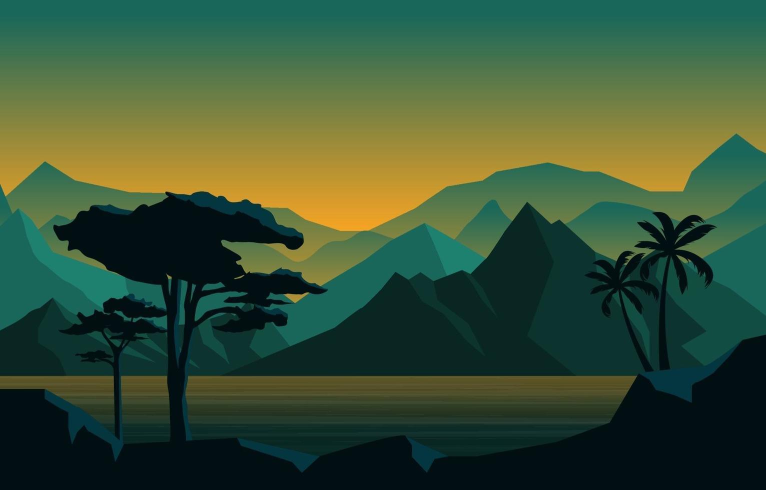 noite calma em ilustração de paisagem de floresta de montanha vetor