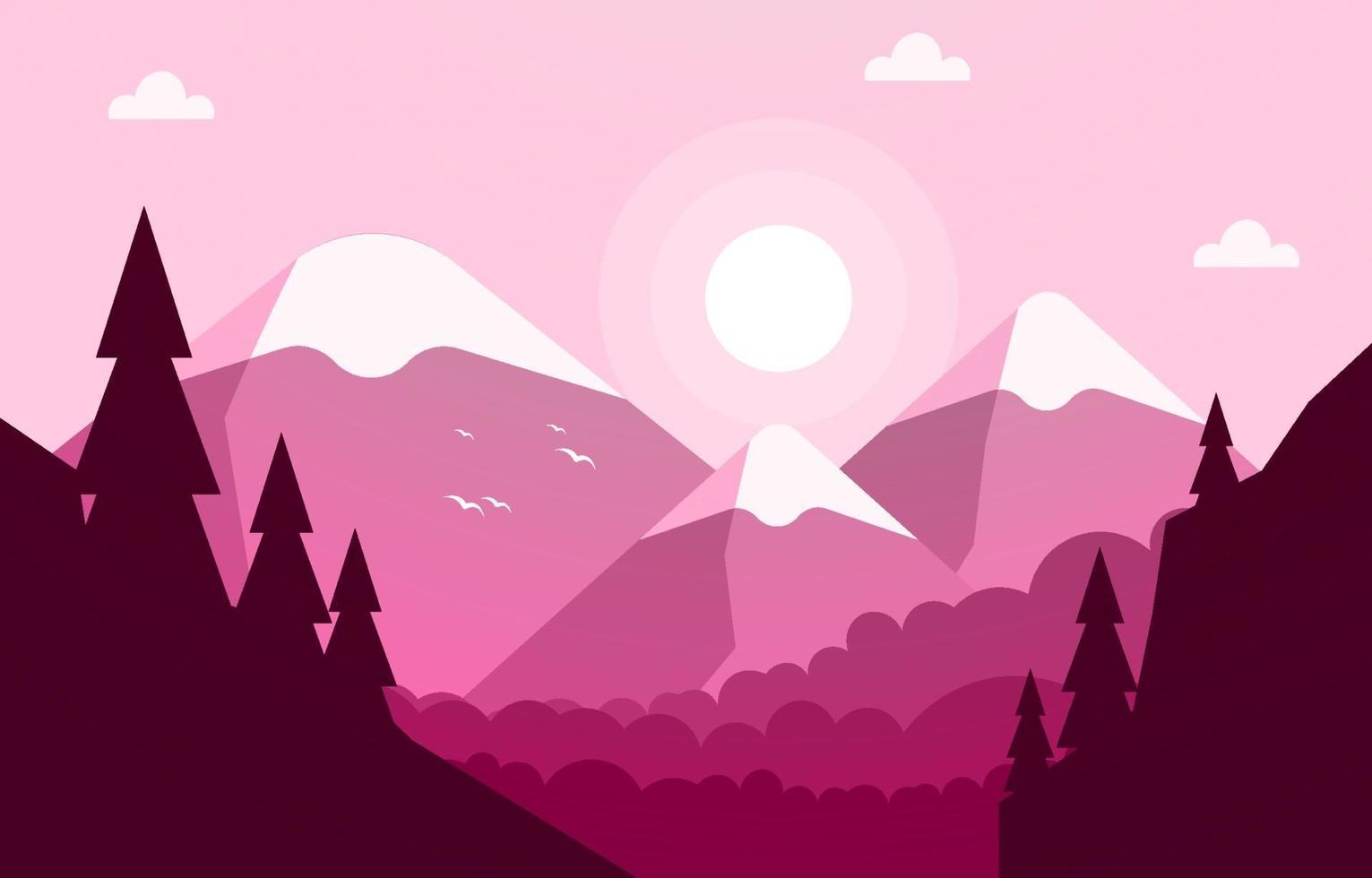 ilustração de paisagem de floresta de montanha ao nascer do sol vetor