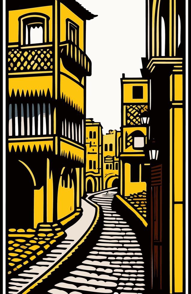 velho Cidade panorama desenhado à mão desenhando do uma medieval cidade. uma lindo velho árabe cidade . desenhado à mão turista cartão postal. esboço dentro preto, isolado em branco fundo. vetor