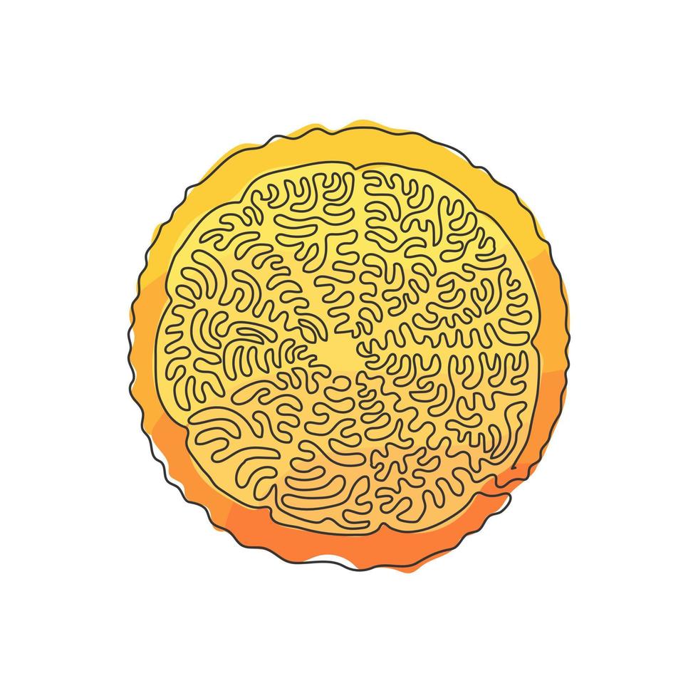 desenho de linha contínua em fatias de laranja orgânica saudável para identidade do logotipo do pomar. conceito de fruta tropical deliciosa fresca. estilo de onda de redemoinho. ilustração gráfica de vetor de desenho de linha única