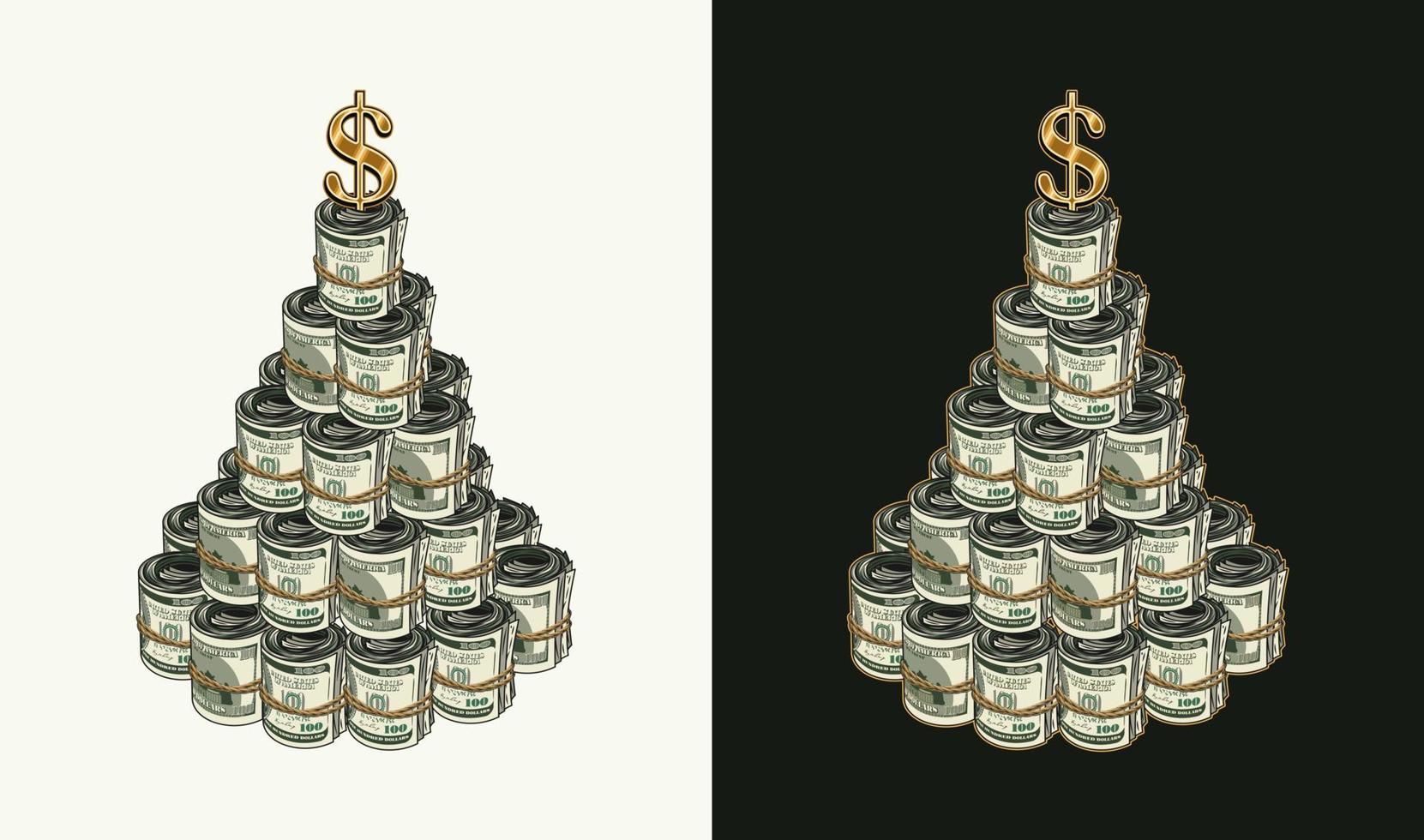 dinheiro torre, pirâmide gostar bolo fez do dinheiro rolos do 100 nos dólar contas. ouro brilhante dólar placa em topo. conceito do sucesso e riqueza vetor