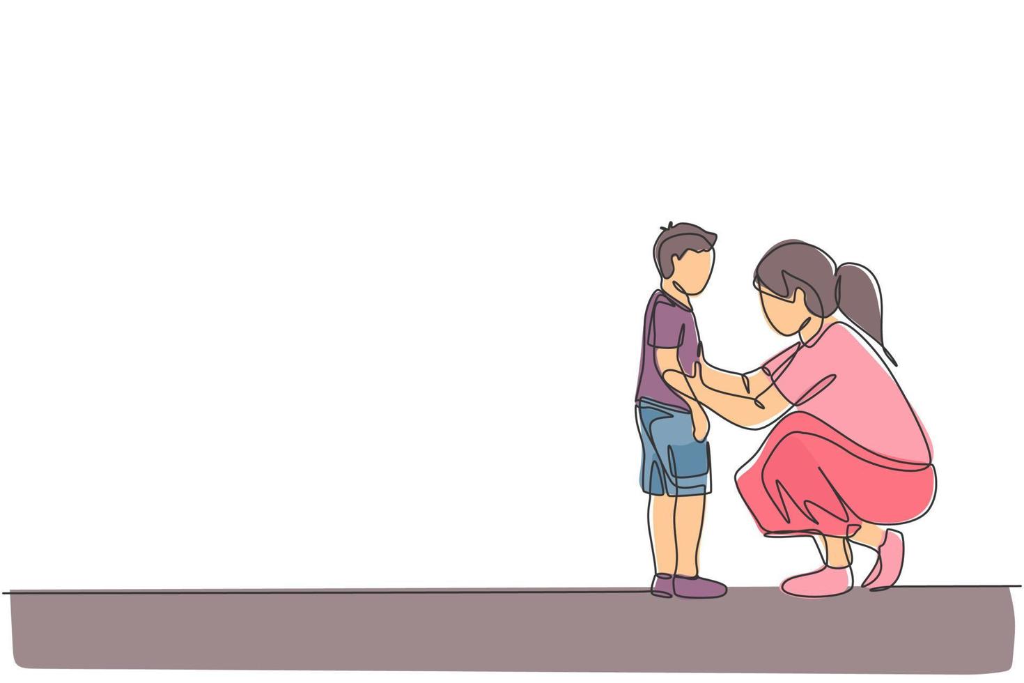 um desenho contínuo de uma jovem mãe dando alguns conselhos sábios. Fale com o filho em casa, na vida familiar. conceito parental feliz. ilustração gráfica de vetor de desenho de linha única dinâmica