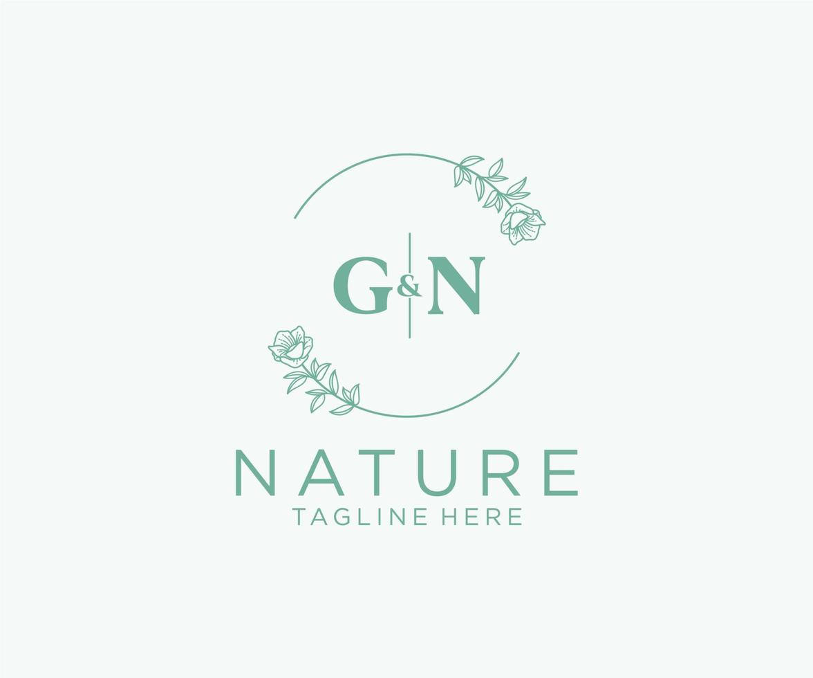 inicial gn cartas botânico feminino logotipo modelo floral, editável premade monoline logotipo adequado, luxo feminino Casamento marca, corporativa. vetor