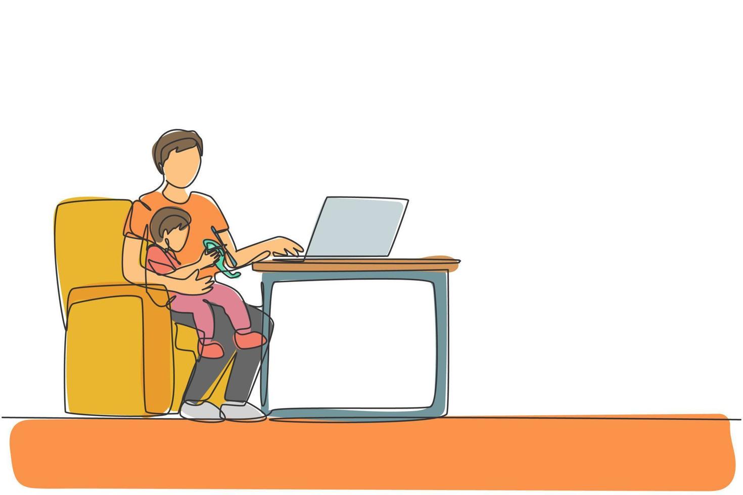uma linha contínua de desenho de jovem pai, sentado no sofá e segurando seu filho enquanto digita no laptop, trabalha em casa. conceito de paternidade de família feliz. ilustração em vetor gráfico de desenho de linha única