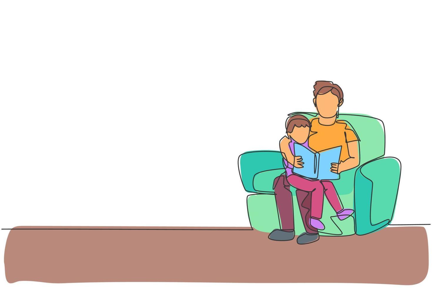 uma linha contínua desenhando um jovem pai sentado no sofá e lendo um livro de histórias para seu filho em casa, vida familiar. conceito parental feliz. gráfico de ilustração vetorial dinâmica de desenho de linha única vetor