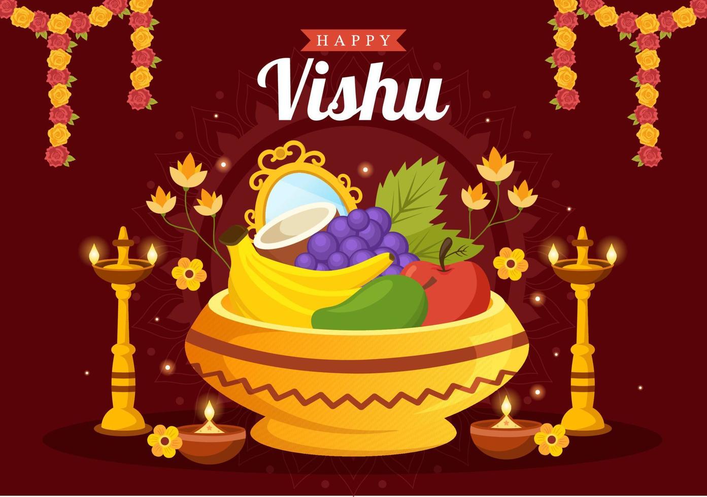 feliz vishu festival ilustração com tradicional Kerala Kani, frutas e legumes para aterrissagem página dentro plano desenho animado mão desenhado modelos vetor