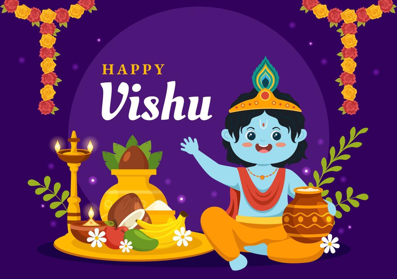 feliz vishu festival ilustração com tradicional Kerala Kani, frutas e legumes para aterrissagem página dentro plano desenho animado mão desenhado modelos vetor