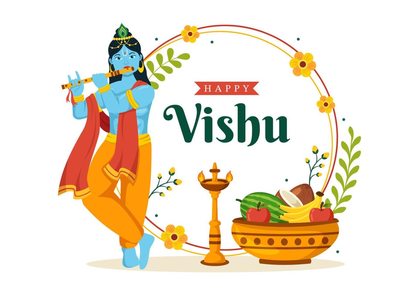 feliz vishu festival ilustração com tradicional Kerala Kani, frutas e legumes para aterrissagem página dentro plano desenho animado mão desenhado modelos vetor