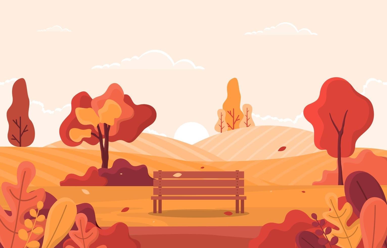 cena de outono com colinas, árvores e banco vetor
