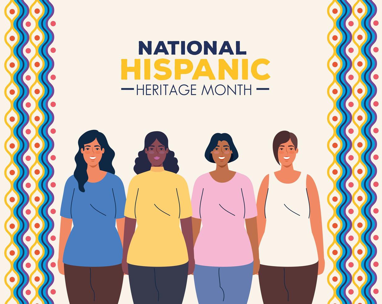 mês da herança hispânica nacional e grupo multiétnico de mulheres juntos vetor