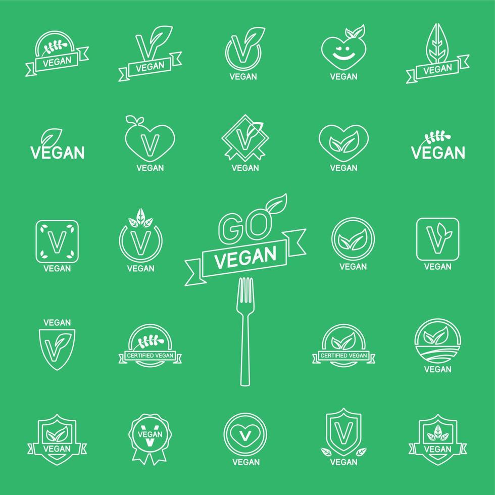 branco fino linha ícones conjunto 24 ícones vegano comida, conjunto do Distintivos, emblemas e selos vetor em cor fundo