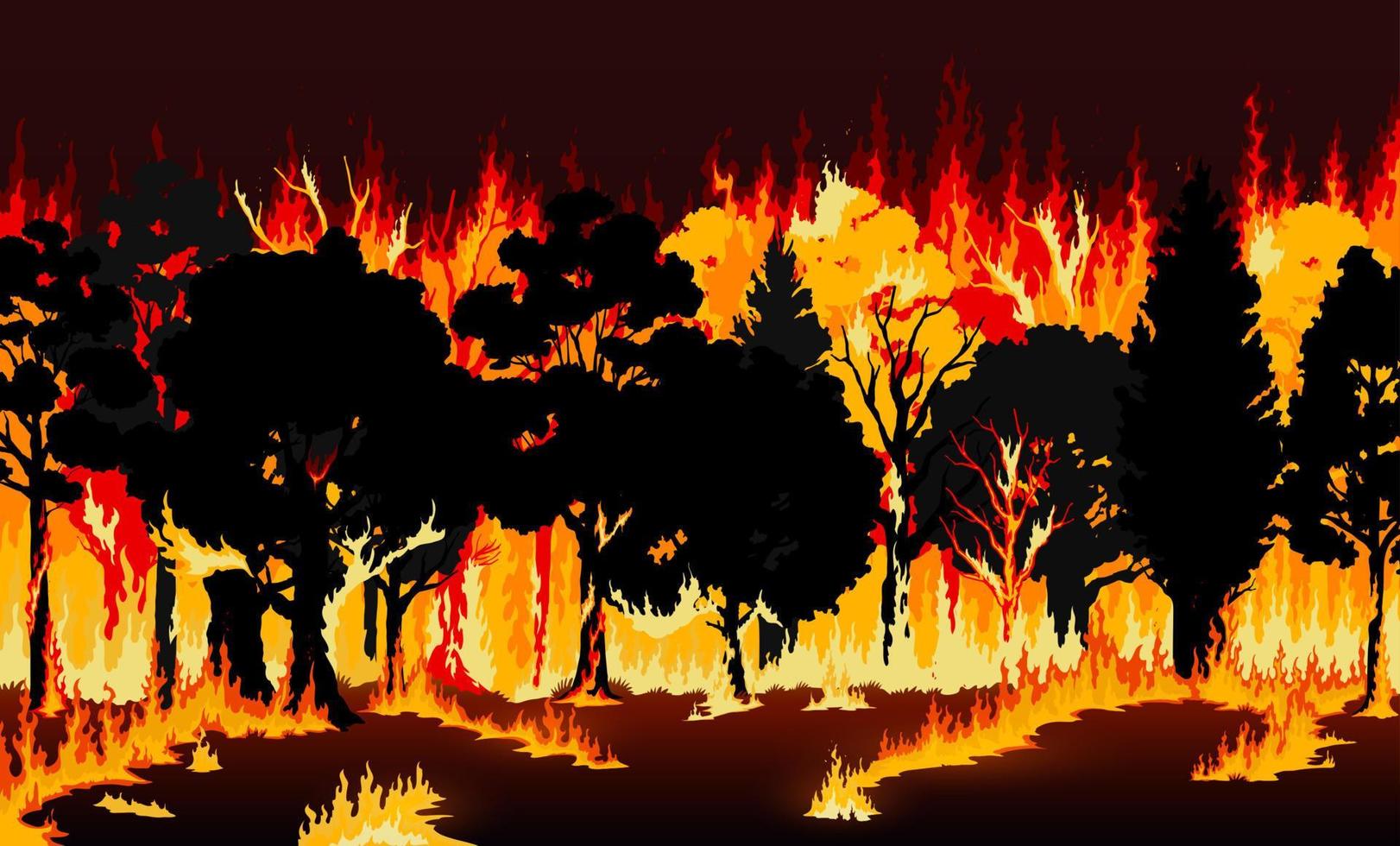 floresta fogo, queimando árvores e Relva fundo vetor