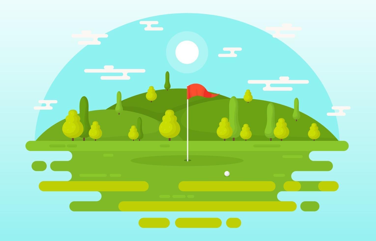 campo de golfe com bandeira vermelha, árvores e bola de golfe vetor