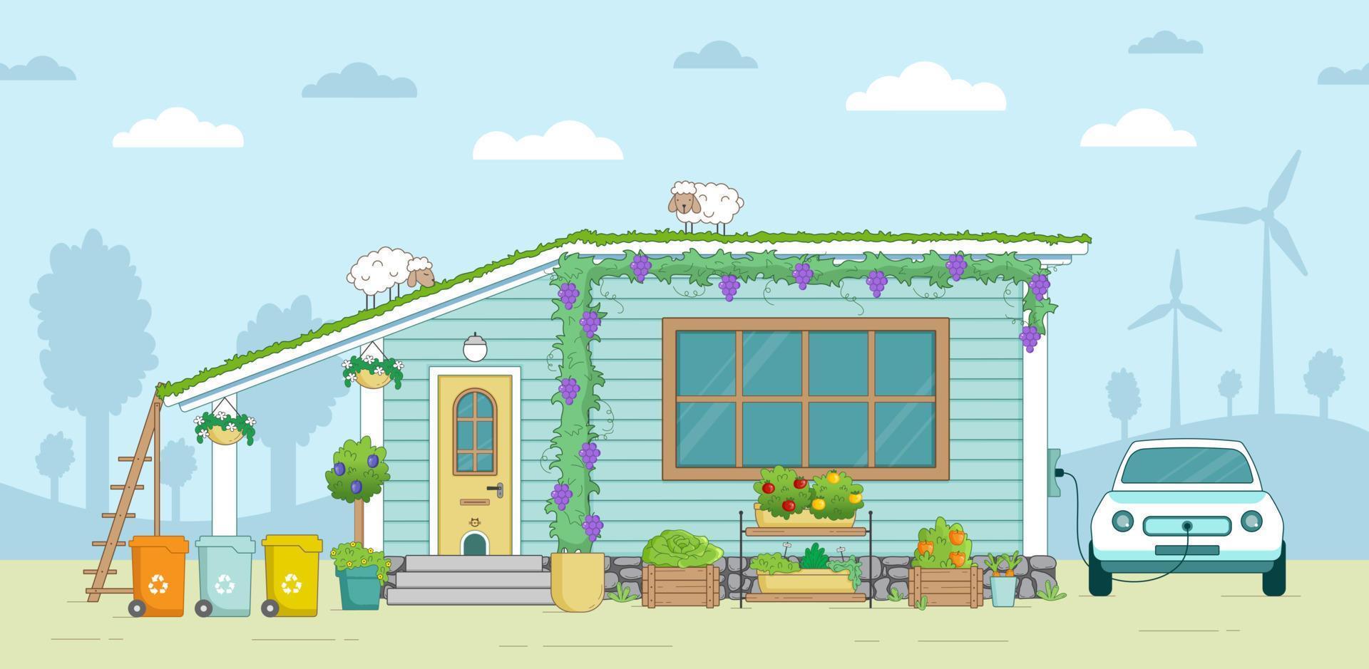 verde casa conceito, verde vegetal jardim, espaço gerenciamento, elétrico carro, vento turbinas, verde casa teto, natureza proteção, desperdício Ordenação vetor