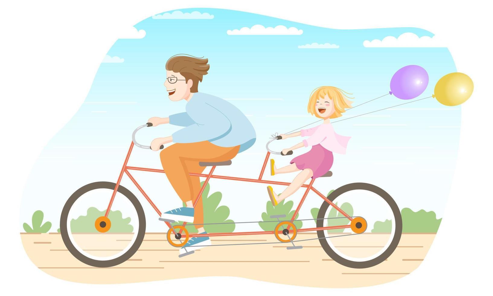 Papai e filha em uma bicicleta dueto vetor