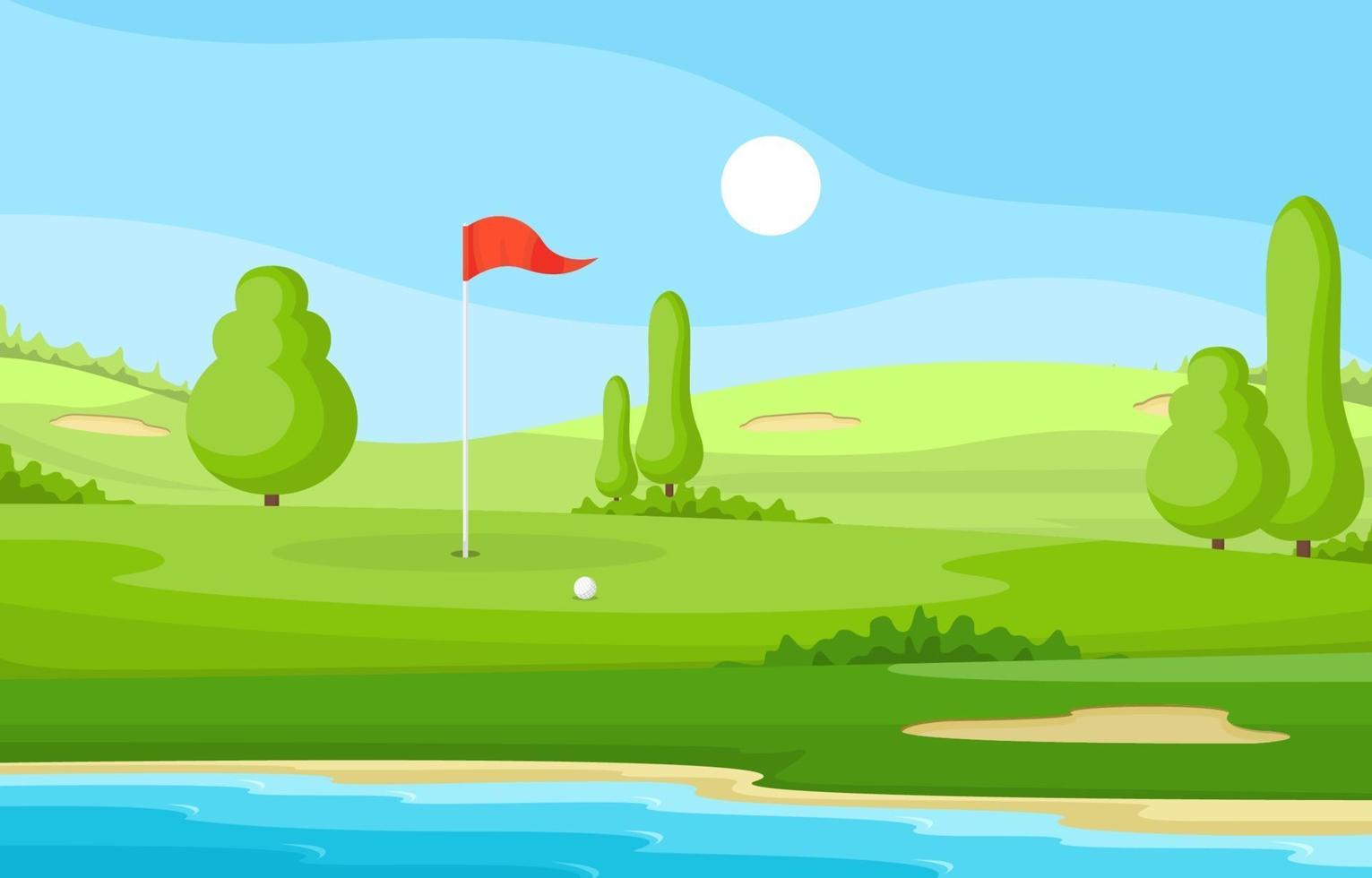campo de golfe com bandeira vermelha, lago e árvores vetor