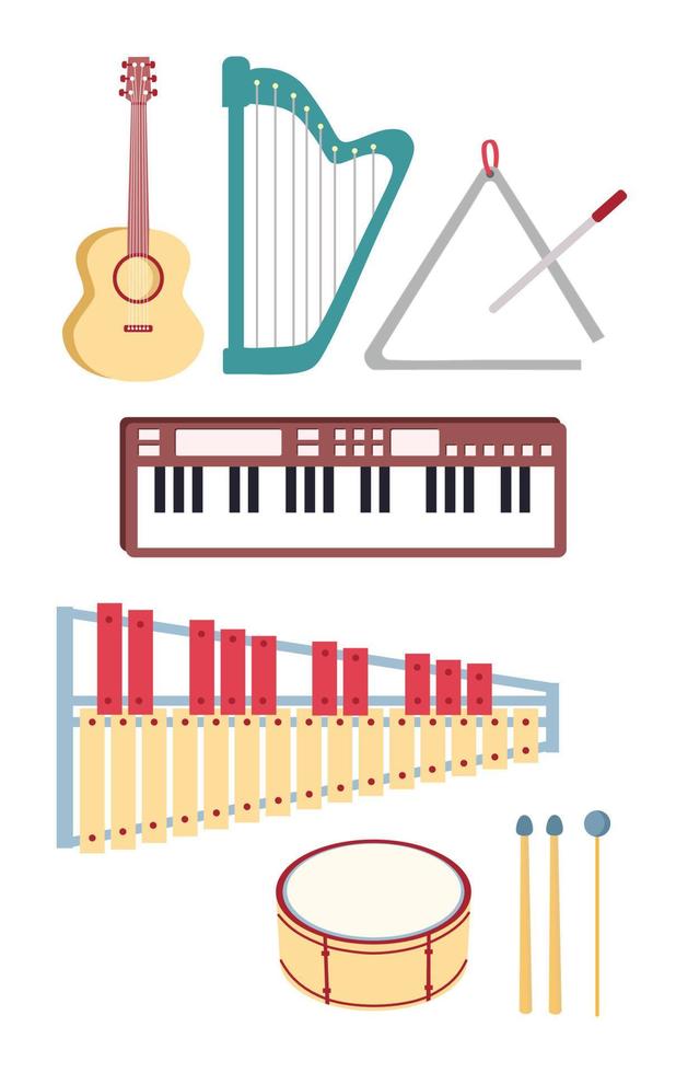 musical instrumentos com guitarra, harpa, triângulo, xilofone, piano teclado, bateria e Gravetos vetor